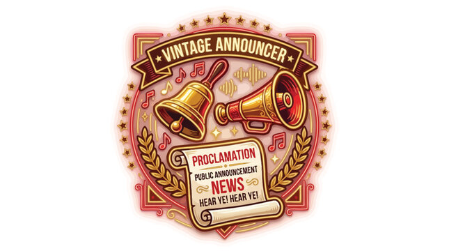Vintage announcer emblem with bell, megaphone, and proclamation scroll announcing news.