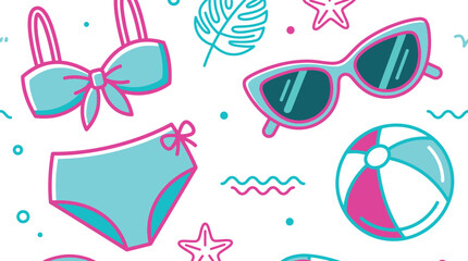 Seamless pattern of summer vacation items including a bikini, sunglasses, beach ball, and starfish. © desiana
