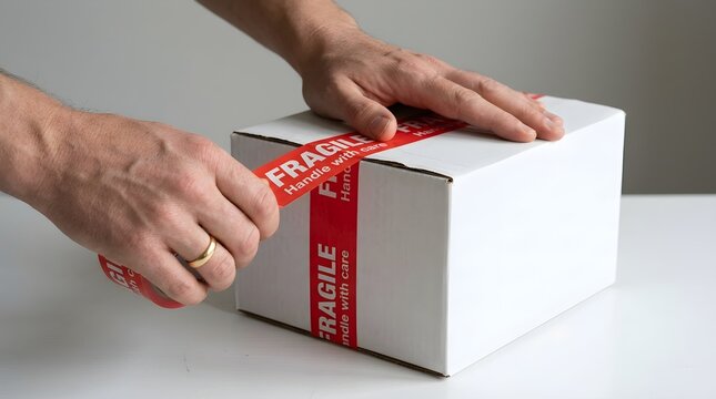 Sealing Fragile Package with Warning Tape, Hands Wrapping Box, Close-Up View, Delivery Preparation, Indoor Environment, Business and Logistics Concept