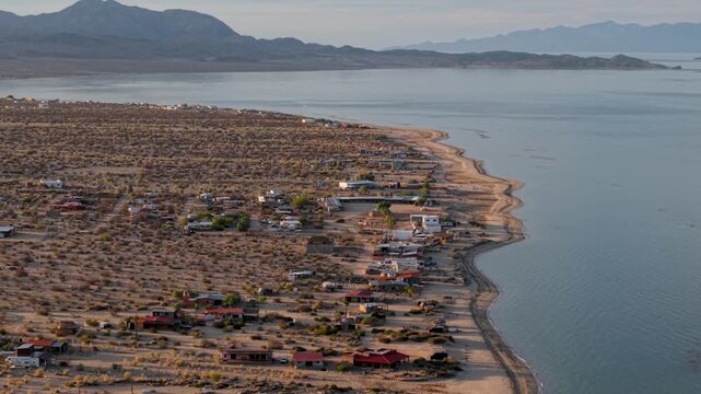 Explore aerial views of Bahia de Los Angeles in the Sea of Cortez during late afternoon light in Baja California, Mexico.