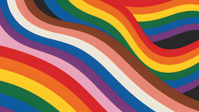Rainbow wave pattern with diverse pride flag colors flowing across background