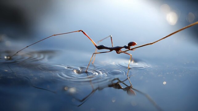 A slender water strider insect with long legs gracefully skates across the rippled surface of still blue water, its reflection visible below.