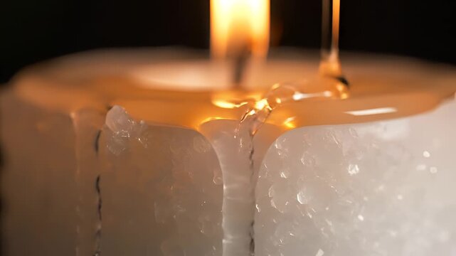 Closeup of molten wax dripping from a burning candle flame.