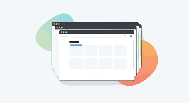 Multiple internet browser windows stacked together with abstract colorful shapes in the background for web design concept.