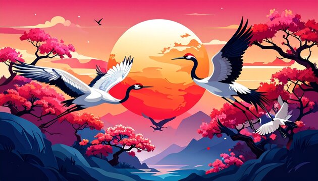 Flock of cranes flying over blooming cherry trees at sunset with vibrant sky