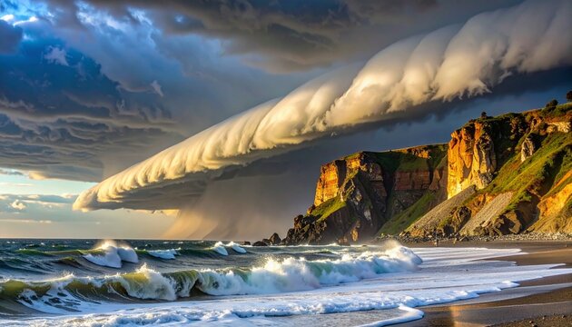 Dramatic arcus cloud rolling over coastal cliffs during stormy sunset