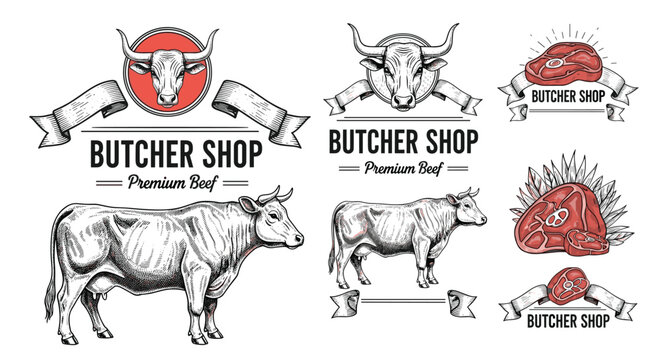 Butcher shop branding elements including hand drawn bull head logos and various premium beef meat cut diagrams.