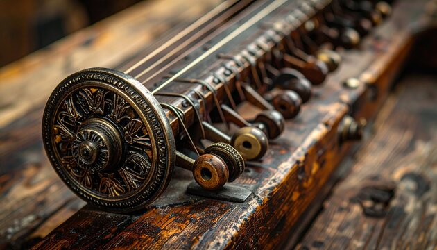 Close-up of hurdy-gurdy wheel mechanism with wooden keys and rosin detail