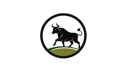 Fototapeta premium A stylized black bull inside a dark-lined circle, with green hills against a white background