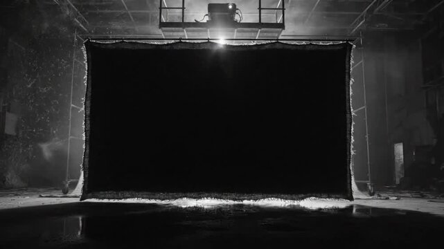 Dramatic black and white film scene of a rectangular frame projection with a spotlight shining on it in a dark studio.