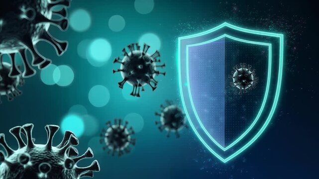 Animated virus particles approaching a glowing digital shield on a dark teal background with bokeh, representing disease prevention, immunity, and protection from contagion