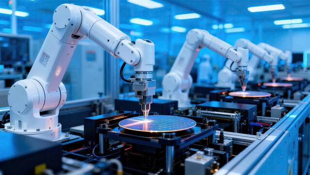 Multiple white robotic arms perform precision processing on semiconductor wafers on automated production lines in a sterile cleanroom factory.