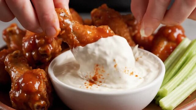 Hands Dipping Spicy Buffalo Chicken Wings in Creamy White Sauce with Fresh Celery Sticks