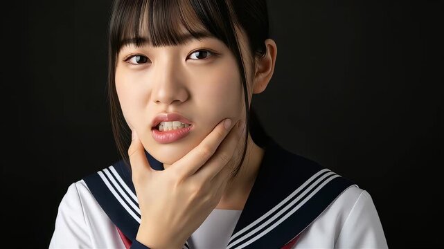 激しい歯の痛みに耐える制服姿の女子学生