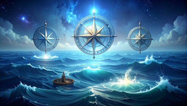 Floating compasses guide boat under starry night sky over ocean waves