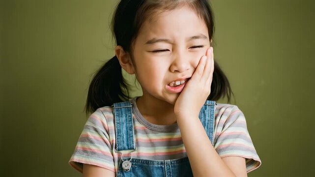 虫歯が痛くて頬を押さえるオーバーオールの女の子