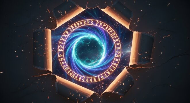 Mystical glowing eye surrounded by runes