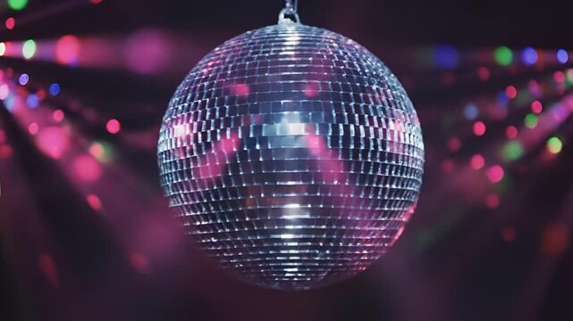 Disco Ball Spinning with Colorful Lights in Dark Club Atmosphere.