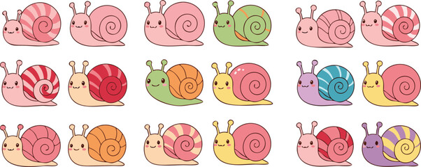 Cute snail collection set with colorful shells and different designs, cartoon garden mollusk vector illustration for kids, nature and decorative design projects © Yevhenii creative