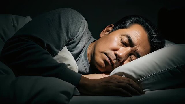 寝室で深く眠る中年男性の寝顔