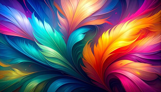 Vibrant abstract feather design with flowing colorful layers and spiral patterns