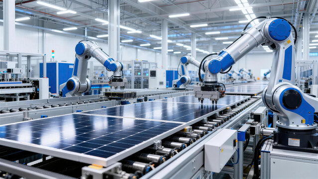 This image shows a modern smart factory workshop, where robotic arms assemble solar photovoltaic panels on automated conveyor production lines.