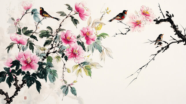 Chinese painting pink flowers blooming on branches green leaves several birds perching white xuan paper background blank space upper left corner for inscriptions blank line beside simple elegant compo