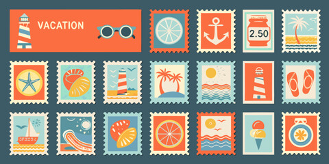 Collection of vibrant travel themed postage stamps with retro style and colorful designs high quality © Ripan