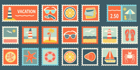 Collection of vibrant travel themed postage stamps with summery icons and colorful backgrounds high quality © Ripan