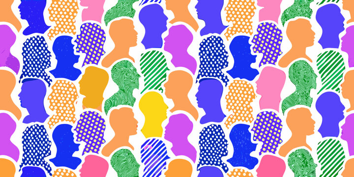 Colorful human head silhouettes in a dense overlapping pattern vibrant vector illustration high quality professional