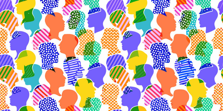 Colorful human head silhouettes in a dense overlapping pattern on a white background high quality