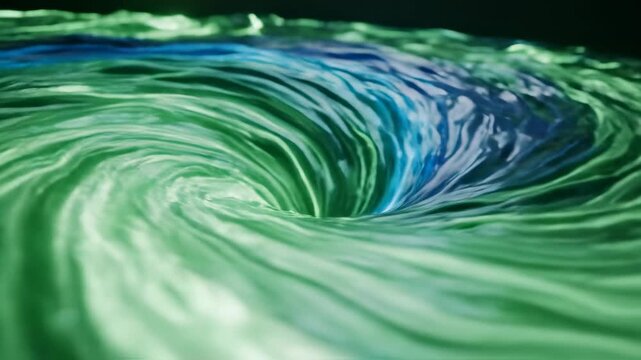 Abstract swirling vortex of blue and green liquid, representing a whirlpool or funnel, dark background