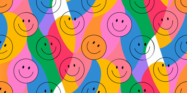 Colorful smiley face pattern with repeating designs and vibrant overlapping shapes high quality professional detailed