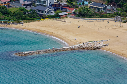 Sandy beach and breakwater on the Itoshima coast, Fukuoka
