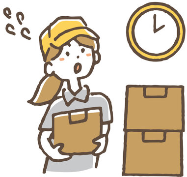 ダンボール箱を抱えて時間を気にして焦っている配達員のイラスト。/ An illustration of a delivery person clutching a cardboard box, looking flustered and worried about the time.