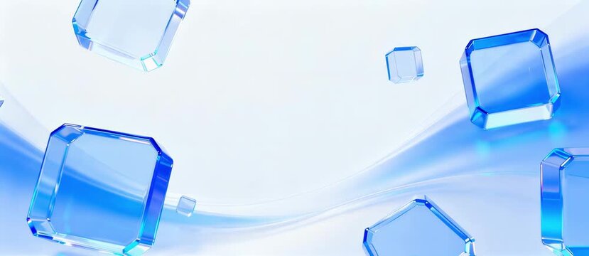 Abstract blue glass cubes floating and swirling on a clean, bright background with flowing lines, symbolizing digital data and transparency in technology