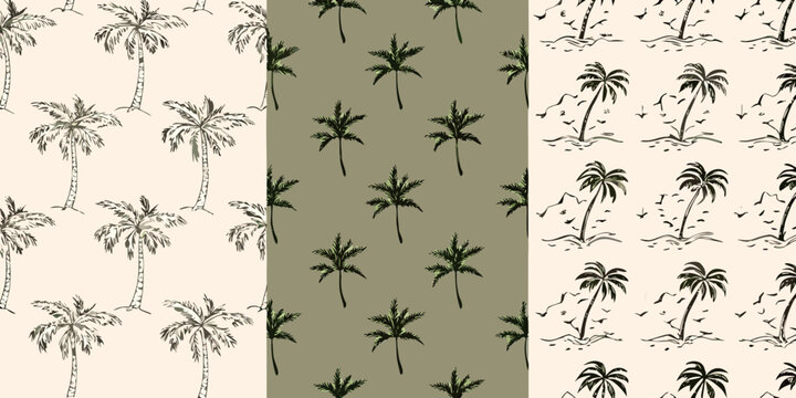 Palm tree pattern with three complementary color schemes hand drawn tropical illustration high quality professional