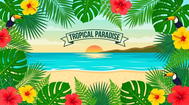 Tropical jungle background frame. Green leaves border, palm foliage Hawaii summer plant design. Vector Brazil Amazon forest vibes illustration. Floral hibiscus tropic card. Goa beach party paradise