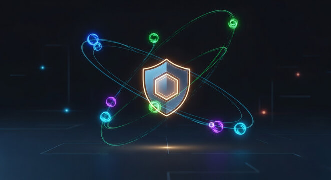 Protecting the nucleus of your digital life with advanced cybersecurity shield and orbiting particles
