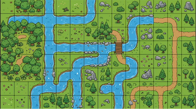 Fantasy RPG map tiles, seamless top-down game world environment, cartoon forest landscape with river and paths, modular level design vector