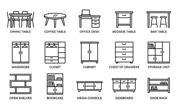 Minimalist furniture outline icon collection with tables and closets vector symbols