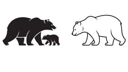 Fototapeta premium Bear Family Walking Minimalist Profile Illustration, Parent and Cubs Silhouette Vector for Wildlife Concepts