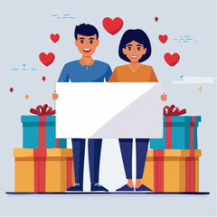 Fototapeta premium Couple Holding Blank Sign with Hearts and Gifts