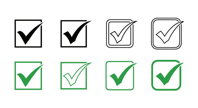 Set of checkmark icons and checkboxes in various styles indicating approval, verification, and completion across UI designs.