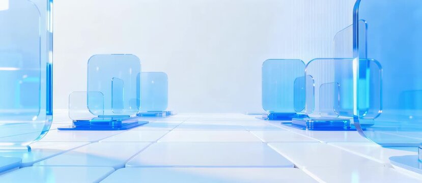 Abstract futuristic technological background with translucent blue glass-like geometric shapes arranged on a clean white grid surface, suggesting data flow or a digital environment