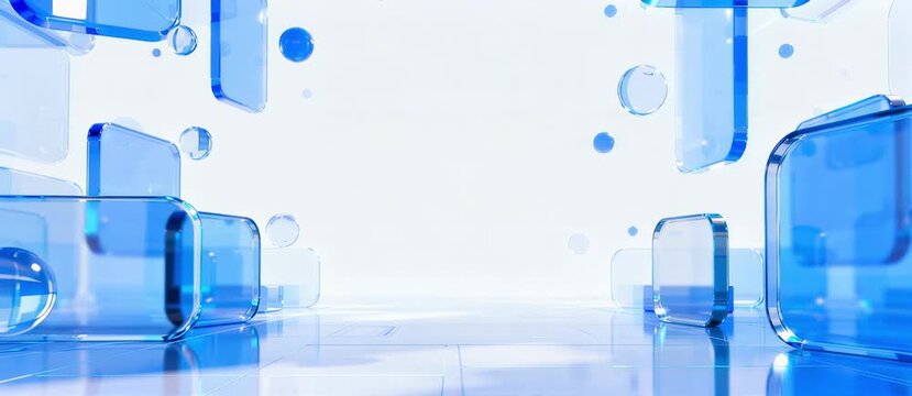 Abstract blue glass shapes with subtle reflections and highlights, creating a clean and futuristic background