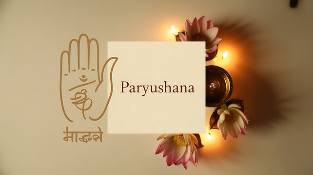Paryushana festival symbol with hand gesture, lotus flowers, and lit candles on a warm background