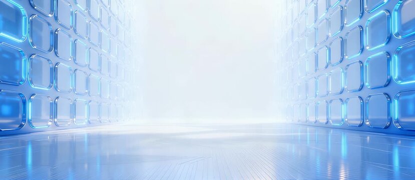Abstract Digital Art Featuring a Futuristic Tunnel with Glowing Blue Walls and a Reflective Floor