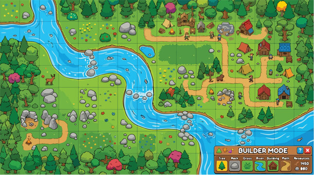 Isometric game map builder, cartoon forest landscape with river and village, level design interface for mobile gaming, fantasy world map vector