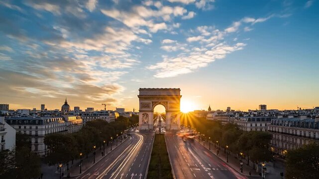 Iconic Arc de Triomphe in Paris at Sunset with Light Trails.